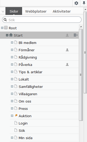 Efter sidorna i trädstrukturen visas en symbol för att tydliggöra olika inställningar på sidan. En sida för publicerat innehåll. Sidan innehåller ändringar som ännu inte publicerats.