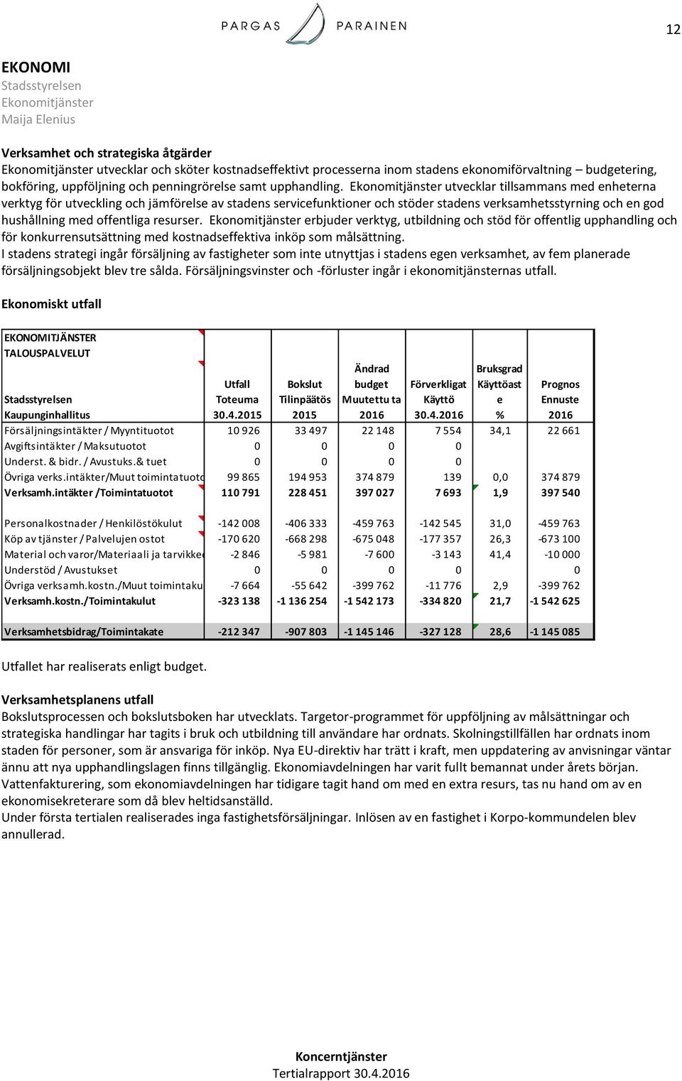 Ekonomitjänster utvecklar tillsammans med enheterna verktyg för utveckling och jämförelse av stadens servicefunktioner och stöder stadens verksamhetsstyrning och en god hushållning med offentliga