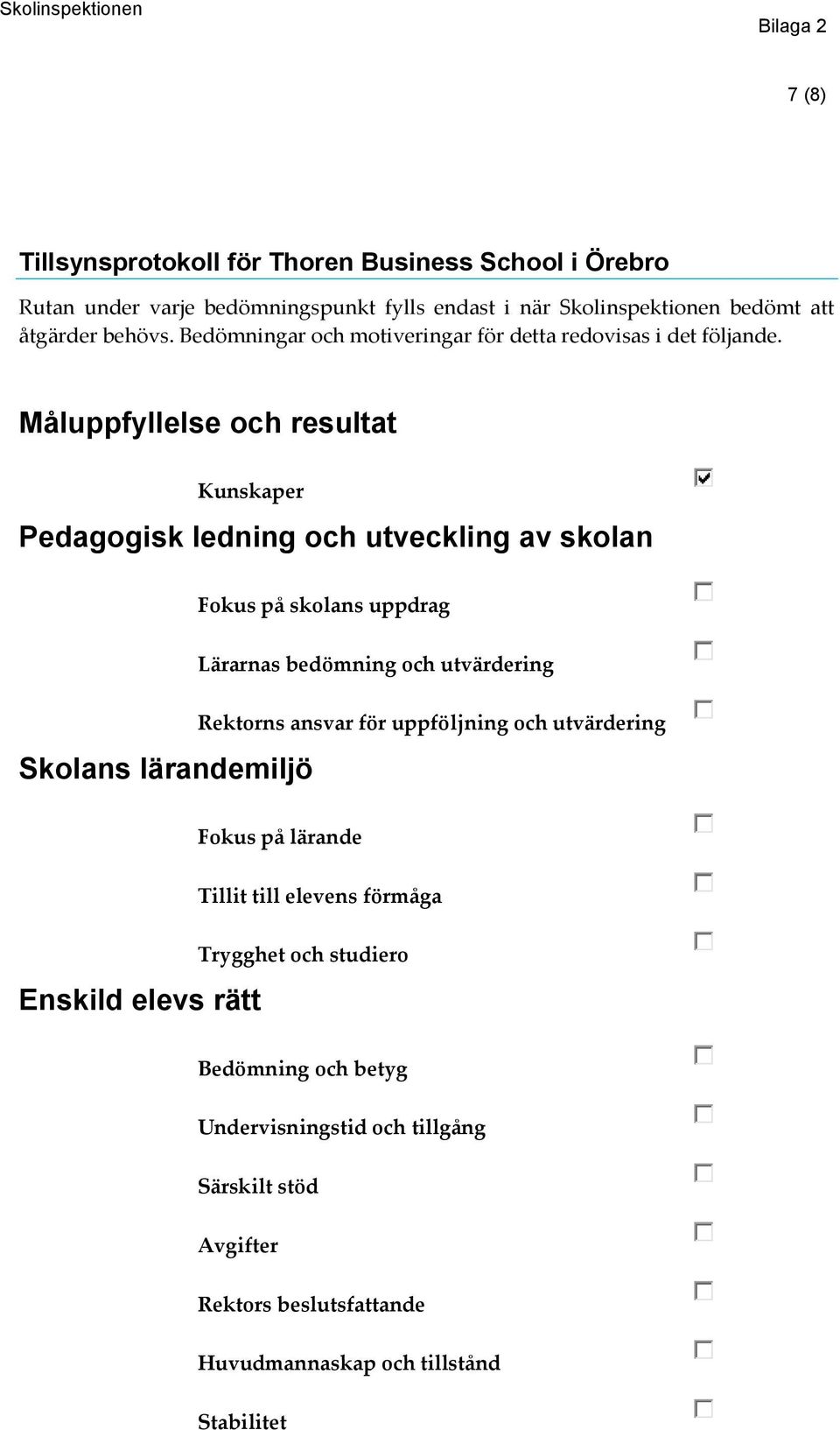 Måluppfyllelse och resultat Kunskaper Pedagogisk ledning och utveckling av skolan Fokus på skolans uppdrag Lärarnas bedömning och utvärdering Skolans lärandemiljö