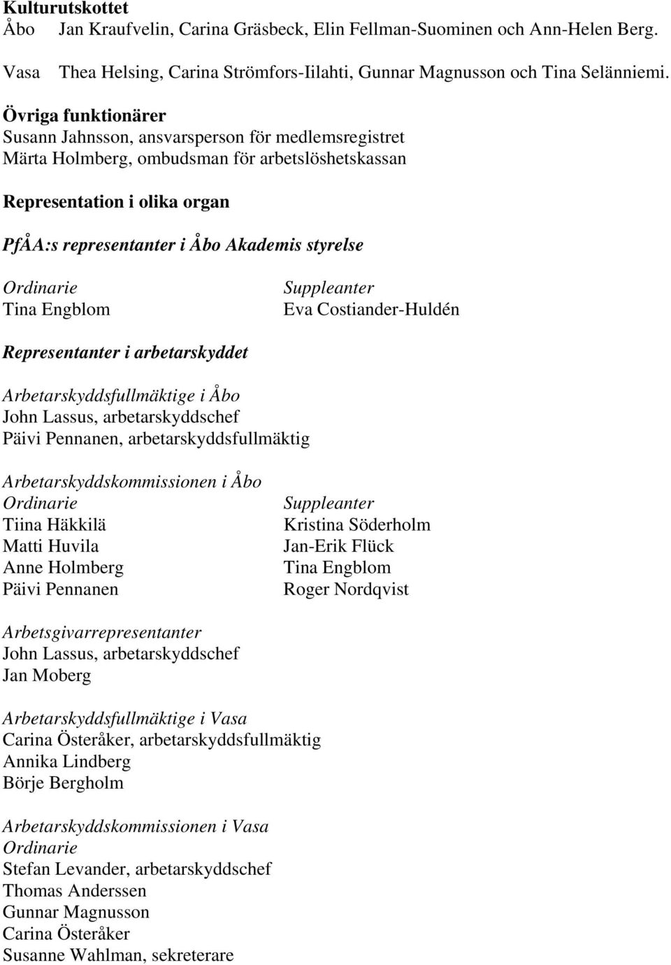 Tina Engblom Eva Costiander-Huldén Representanter i arbetarskyddet Arbetarskyddsfullmäktige i Åbo John Lassus, arbetarskyddschef, arbetarskyddsfullmäktig Arbetarskyddskommissionen i Åbo Kristina