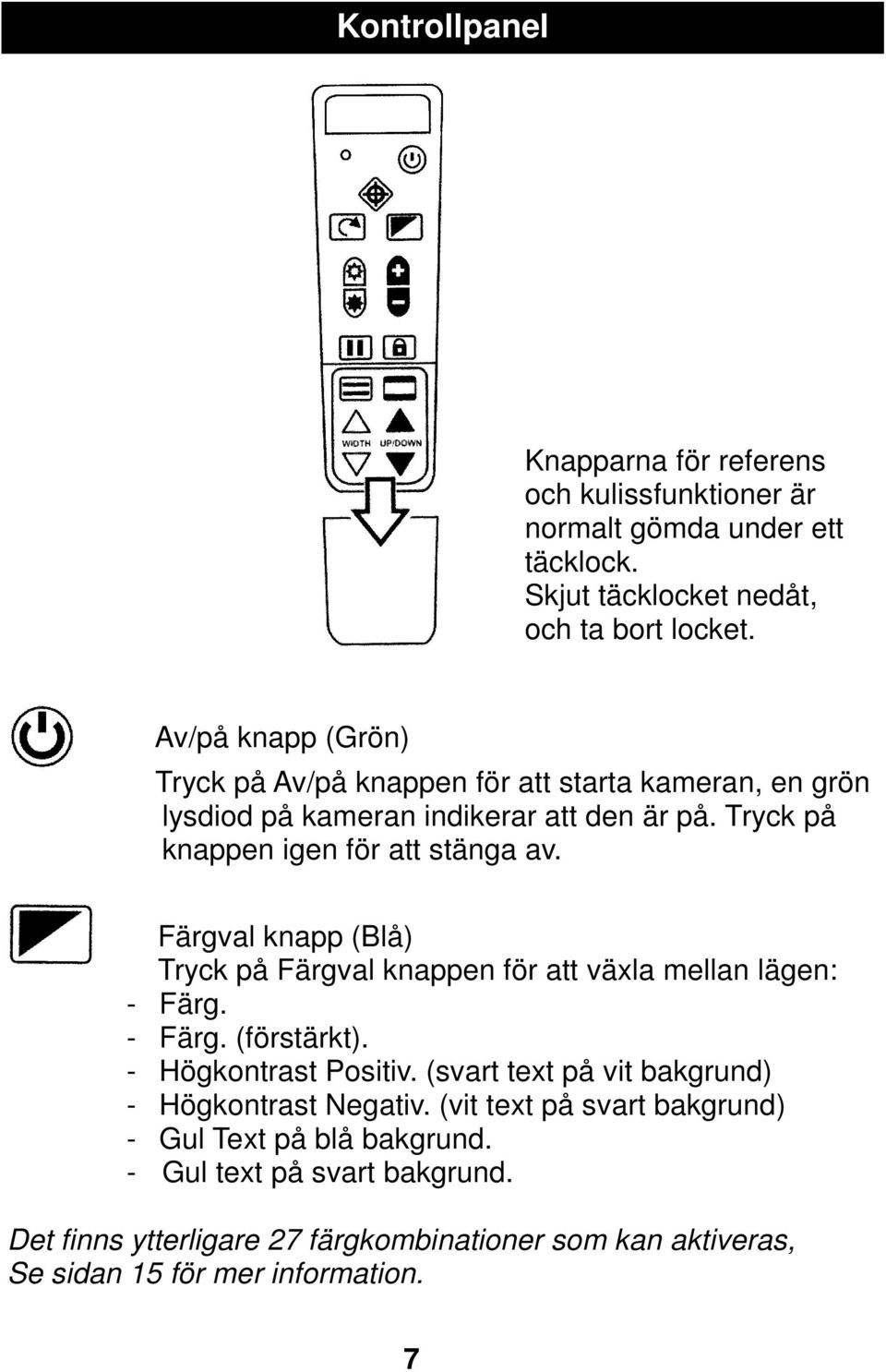 Färgval knapp (Blå) Tryck på Färgval knappen för att växla mellan lägen: - Färg. - Färg. (förstärkt). - Högkontrast Positiv.