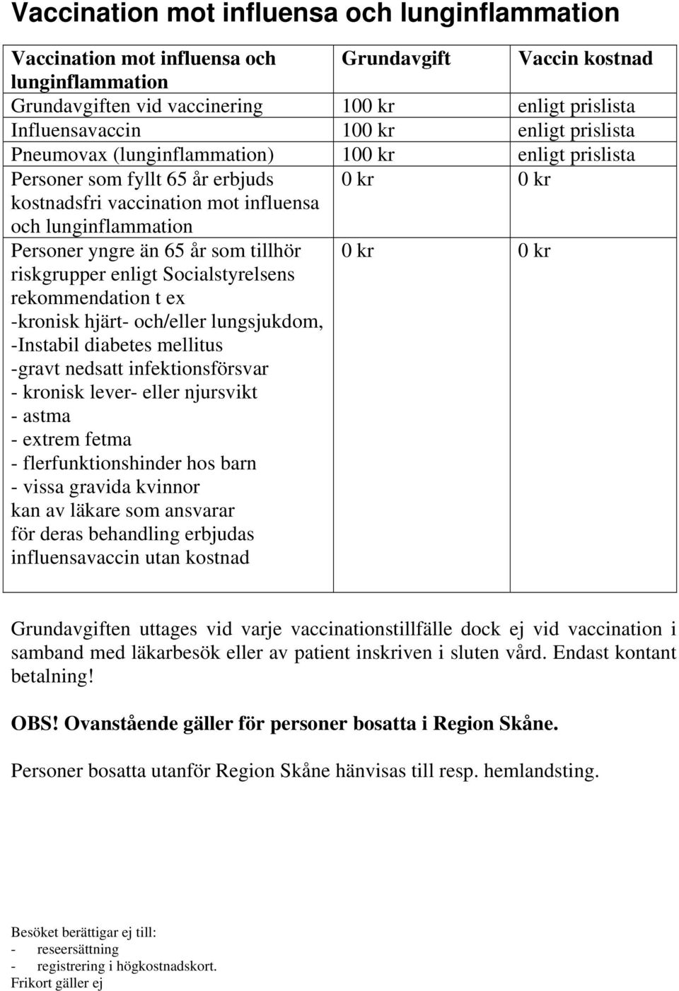 tillhör riskgrupper enligt Socialstyrelsens rekommendation t ex -kronisk hjärt- och/eller lungsjukdom, -Instabil diabetes mellitus -gravt nedsatt infektionsförsvar - kronisk lever- eller njursvikt -