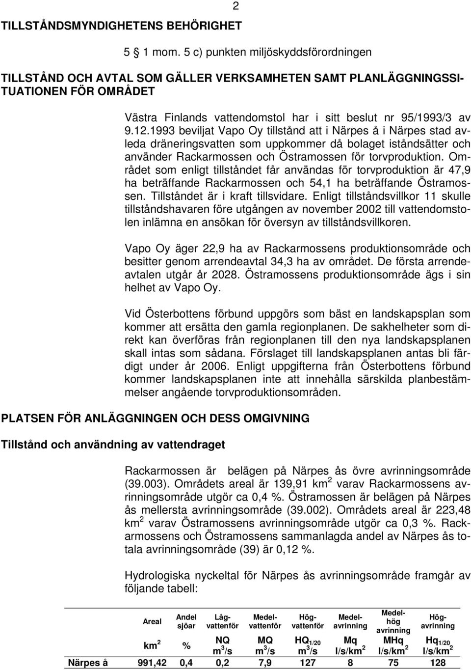 1993 beviljat Vapo Oy tillstånd att i Närpes å i Närpes stad avleda dräneringsvatten som uppkommer då bolaget iståndsätter och använder Rackarmossen och Östramossen för torvproduktion.