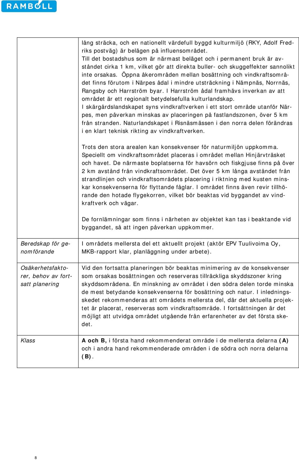Öppna åkerområden mellan bosättning och vindkraftsområdet finns förutom i Närpes ådal i mindre utsträckning i Nämpnäs, Norrnäs, Rangsby och Harrström byar.