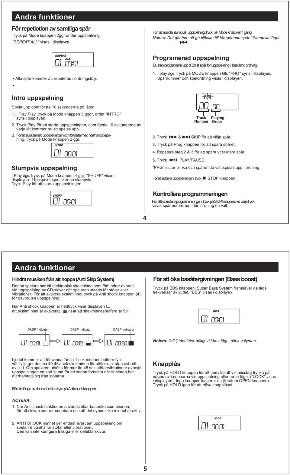 Alla spår kommer att repeteras i ordningsföljd 1. I play läge, tryck på MODE knappen tills "PRG" syns i displayen. Spårnummer och spelordning visas i displayen.