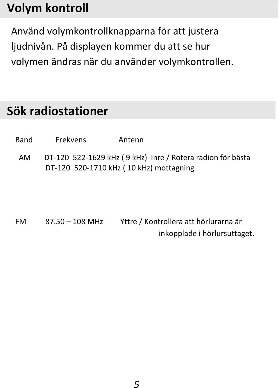 Sök radiostationer Band Frekvens Antenn AM DT-120 522-1629 khz ( 9 khz) Inre / Rotera radion