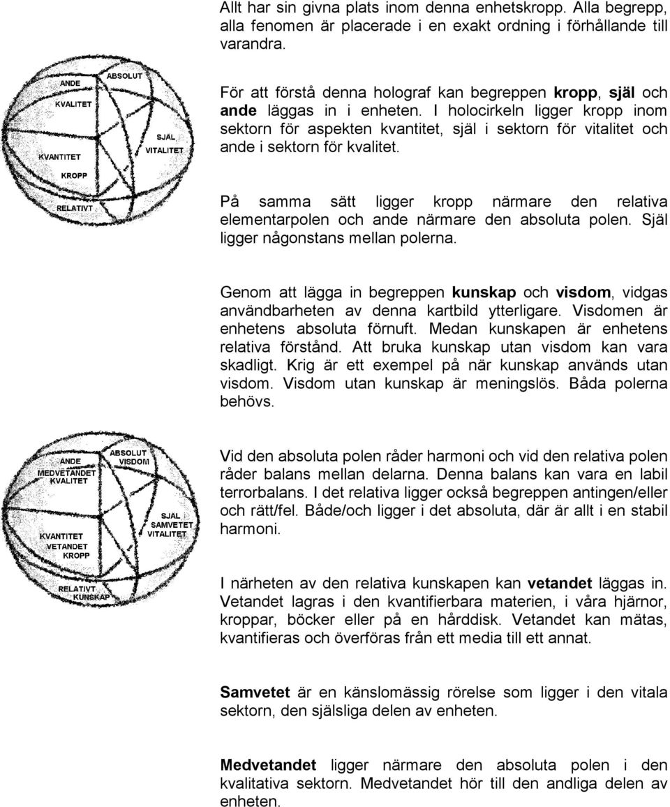 I holocirkeln ligger kropp inom sektorn för aspekten kvantitet, själ i sektorn för vitalitet och ande i sektorn för kvalitet.