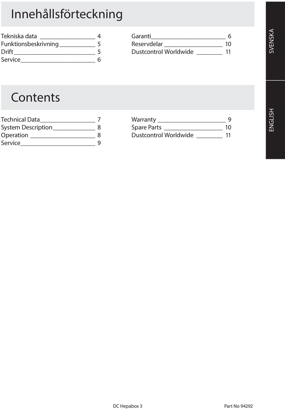 Contents Technical Data 7 System Description 8 Operation 8 Service 9