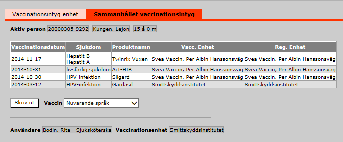 Om man är inloggad med medarbetaruppdrag visas alla vaccinationer för vald patient på andra vårdenheter/vårdgivare i fliken Sammanhållna vaccinationer, om det inte finns någon inre eller yttre spärr