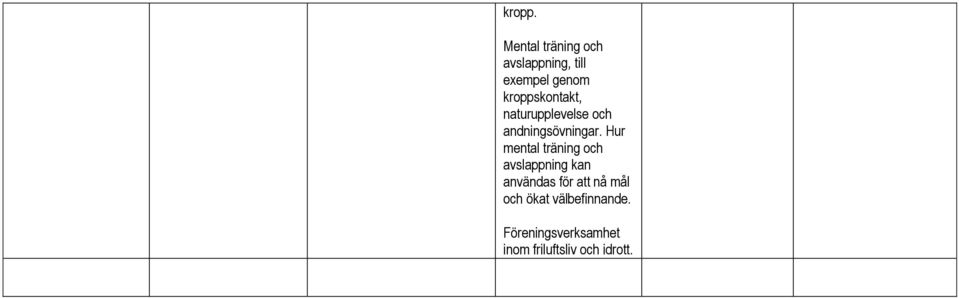 kroppskontakt, naturupplevelse och andningsövningar.