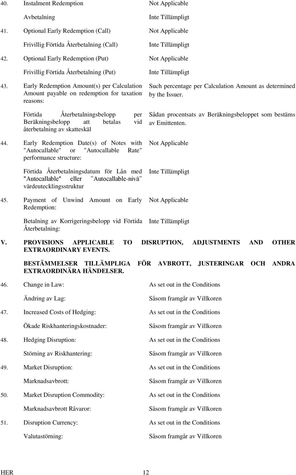 Early Redemption Amount(s) per Calculation Amount payable on redemption for taxation reasons: Förtida Återbetalningsbelopp per Beräkningsbelopp att betalas vid återbetalning av skatteskäl 44.