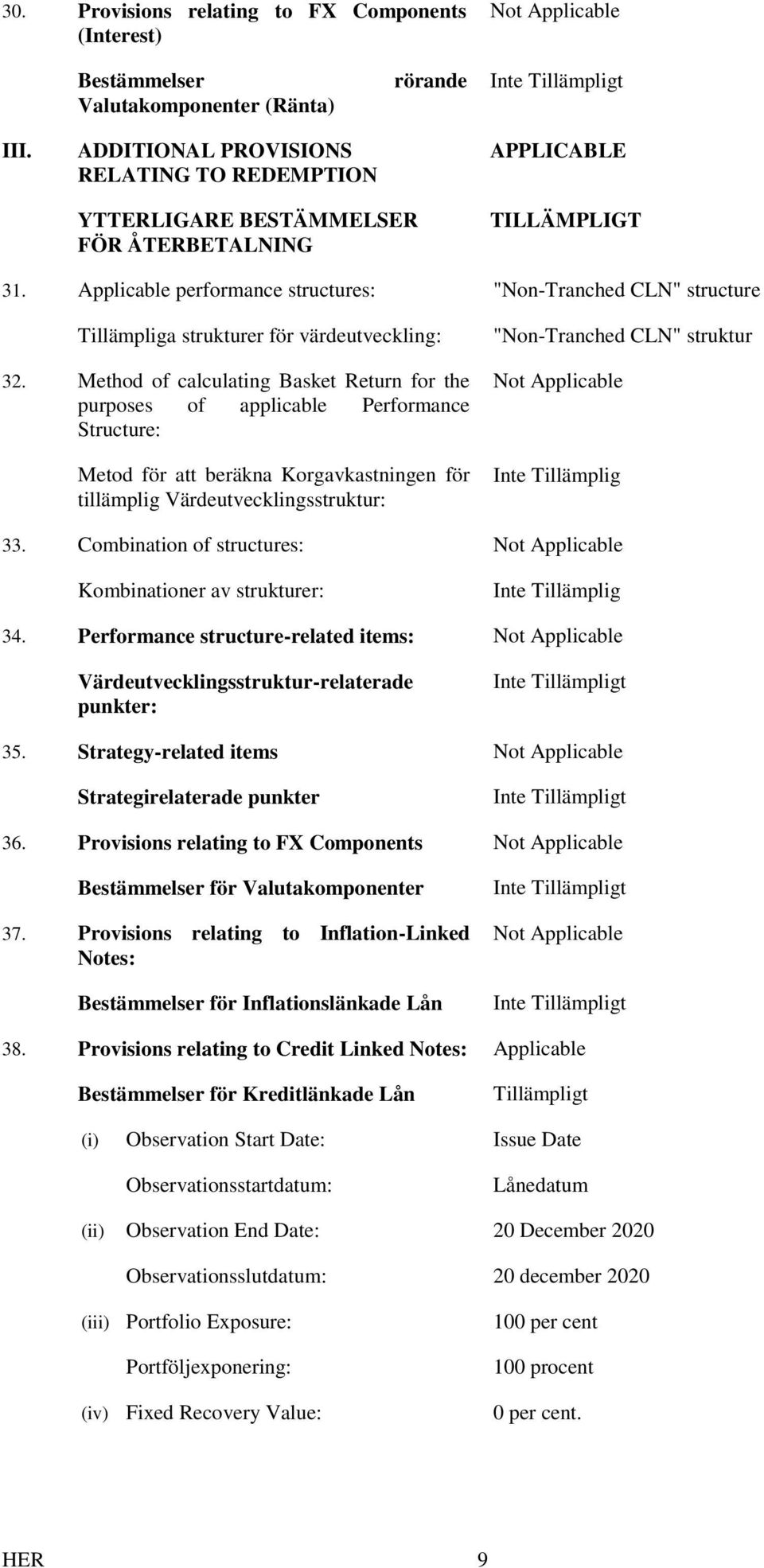 Applicable performance structures: "Non-Tranched CLN" structure Tillämpliga strukturer för värdeutveckling: 32.