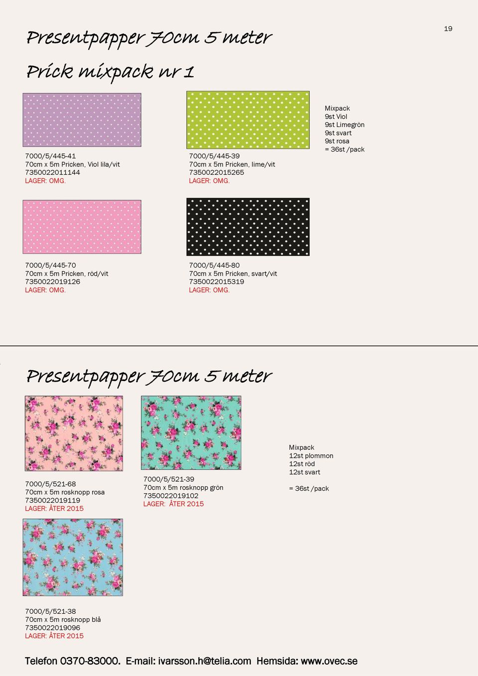 Pricken, svart/vit 7350022015319 Presentpapper 70cm 5 meter 7000/5/521-68 70cm x 5m rosknopp rosa 7350022019119 LAGER: ÅTER 2015 7000/5/521-39 70cm x 5m