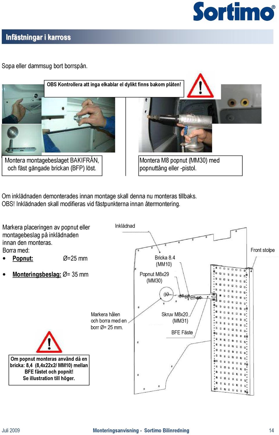 Inklädnaden skall modifieras vid fästpunkterna innan återmontering. Markera placeringen av popnut eller montagebeslag på inklädnaden innan den monteras. Borra med: Popnut: Ø=25 mm Inklädnad Bricka 8.
