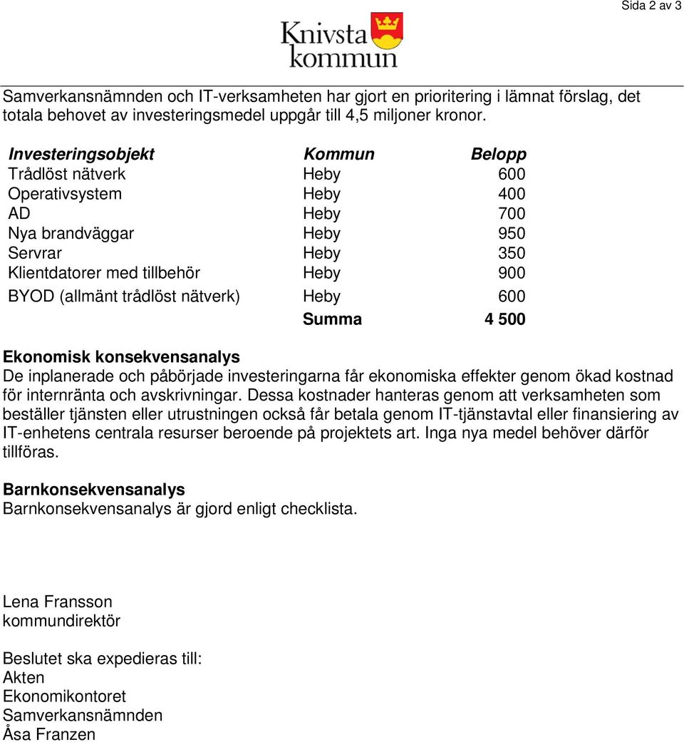 nätverk) Heby 600 Summa 4 500 Ekonomisk konsekvensanalys De inplanerade och påbörjade investeringarna får ekonomiska effekter genom ökad kostnad för internränta och avskrivningar.