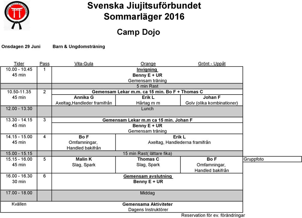 00 4 Bo F 45 min Omfamningar, Handled bakifrån 15.00-15.15 Gemensam Lekar m.m ca 15 min. Johan F Erik L Axeltag, Handlederna framifrån 15 min Rast( lättare fika) 15.15-16.