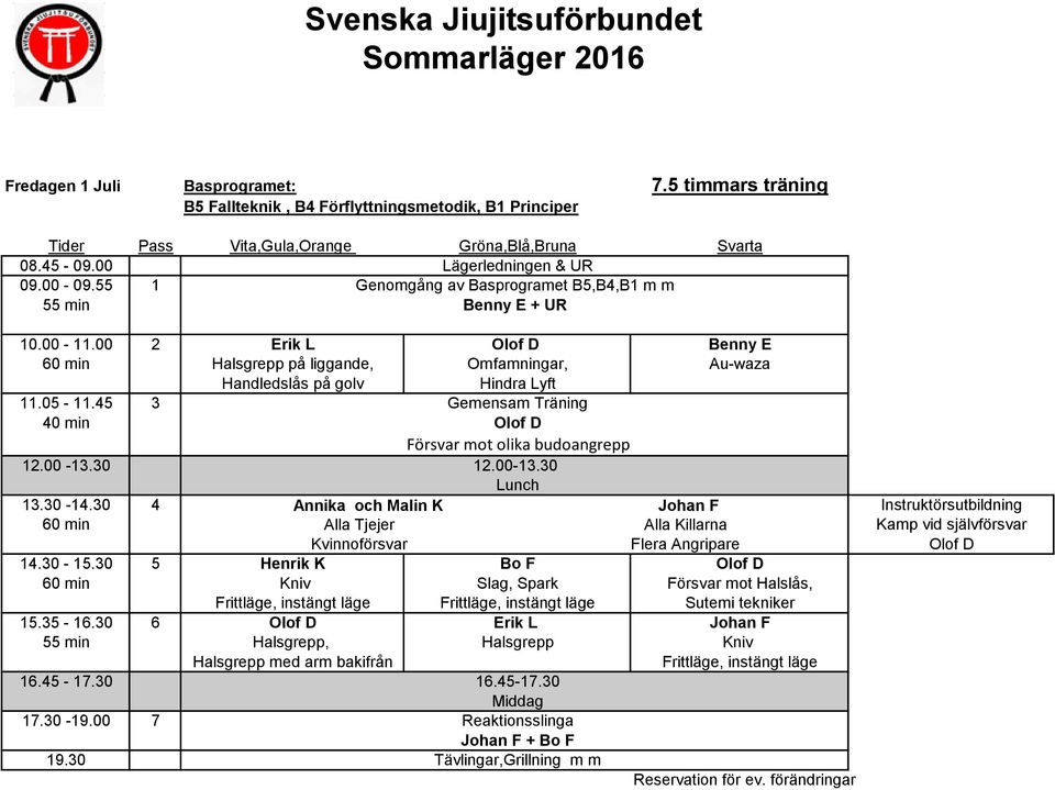 45 3 Gemensam Träning 40 min Olof D Försvar mot olika budoangrepp 12.00-13.30 12.00-13.30 13.30-14.