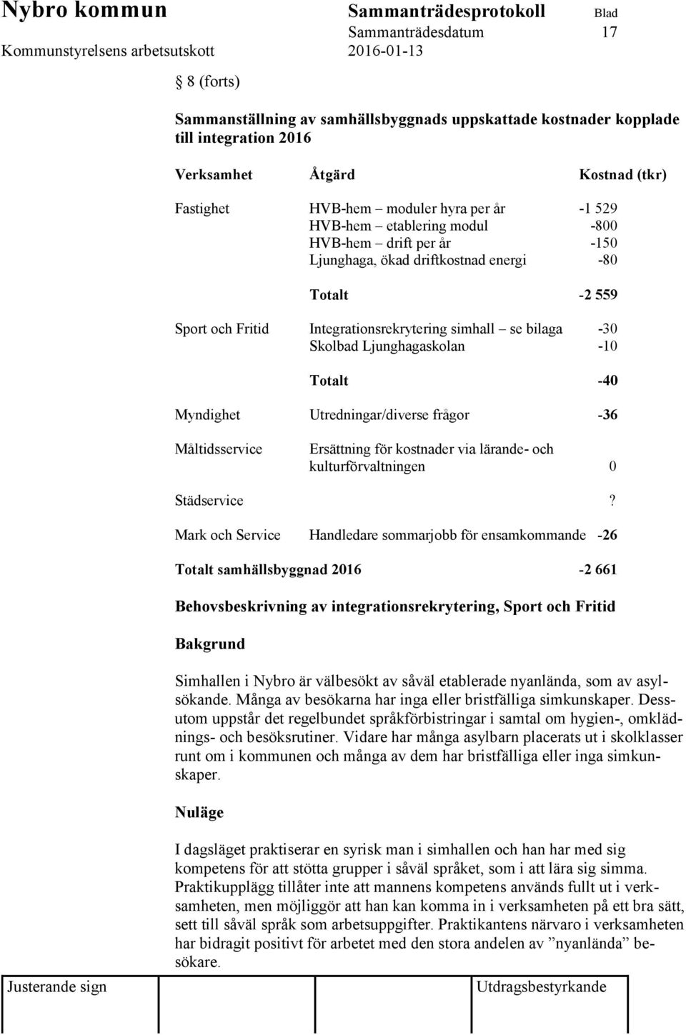 -10 Totalt -40 Myndighet Utredningar/diverse frågor -36 Måltidsservice Ersättning för kostnader via lärande- och kulturförvaltningen 0 Städservice?