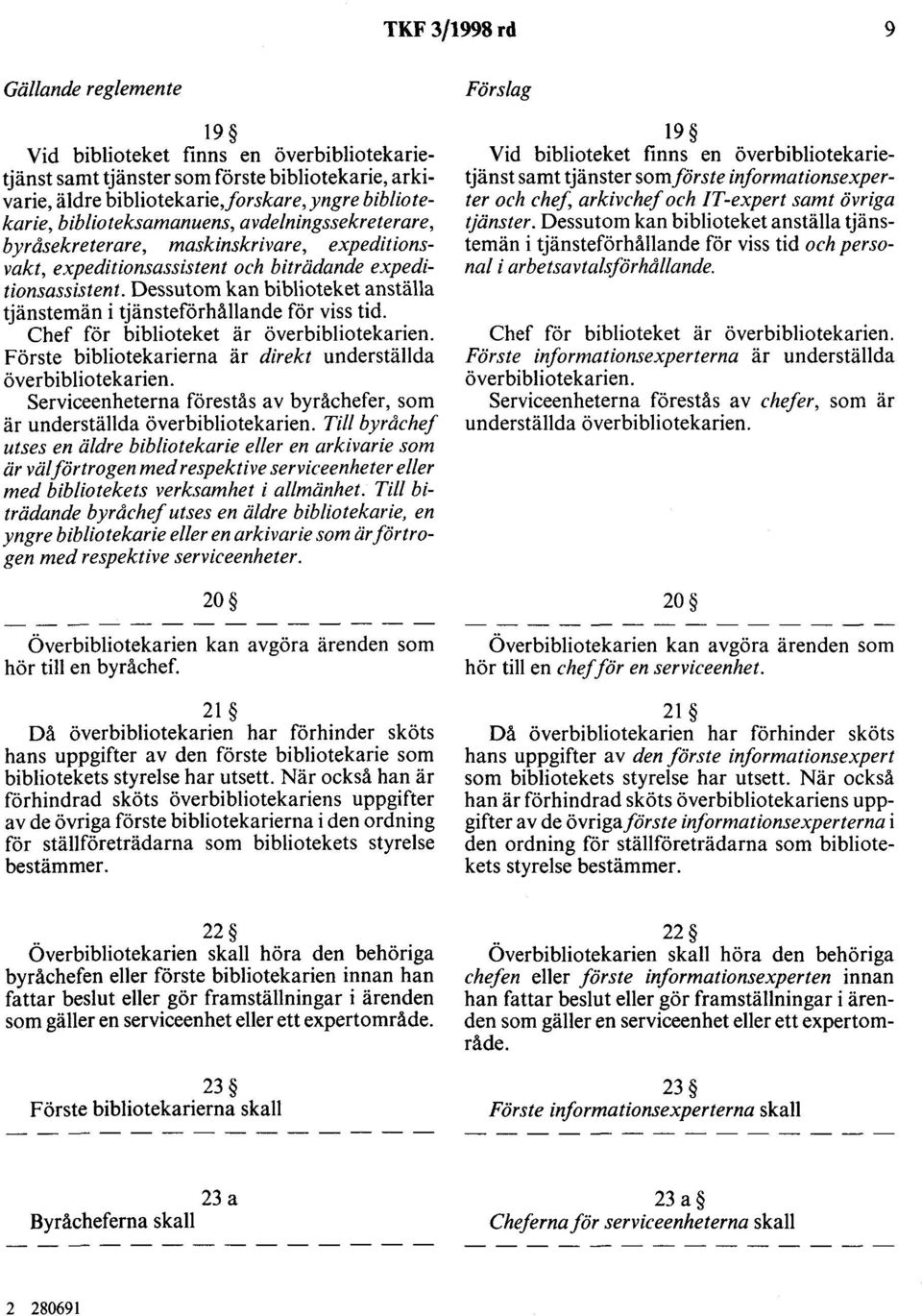 Dessutom kan biblioteket anställa tjänstemän i tjänsteförhållande för viss tid. Chef för biblioteket är överbibliotekarien. Förste bibliotekarierna är direkt underställda överbibliotekarien.