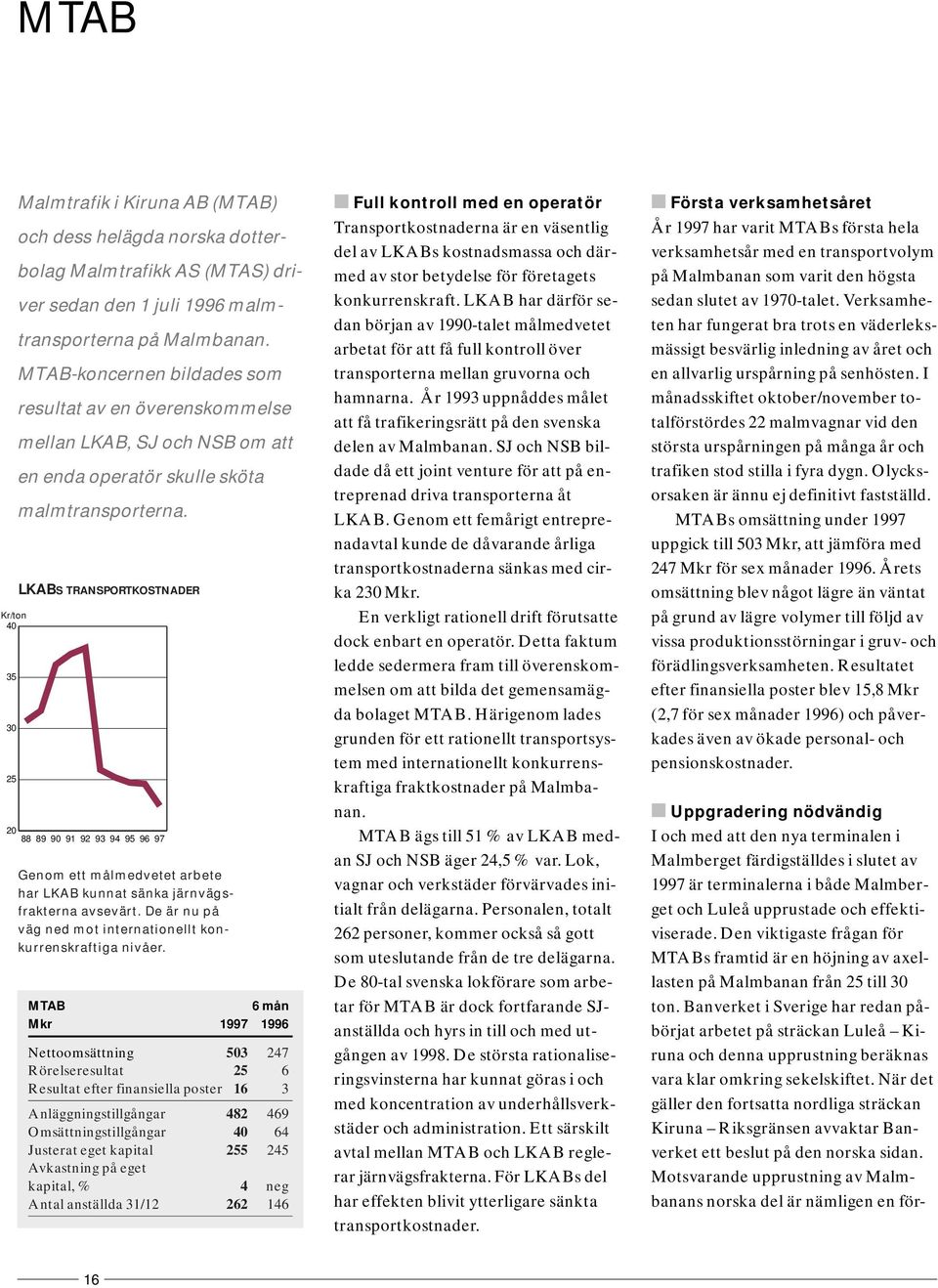 LKABS TRANSPORTKOSTNADER 2 88 89 9 91 92 93 94 95 96 97 Genom ett målmedvetet arbete har LKAB kunnat sänka järnvägsfrakterna avsevärt.