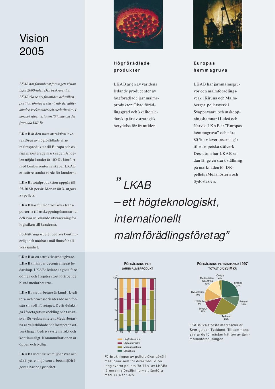 I korthet säger visionen följande om det framtida LKAB: LKAB är den mest attraktiva leverantören av högförädlade järnmalmsprodukter till Europa och övriga prioriterade marknader.