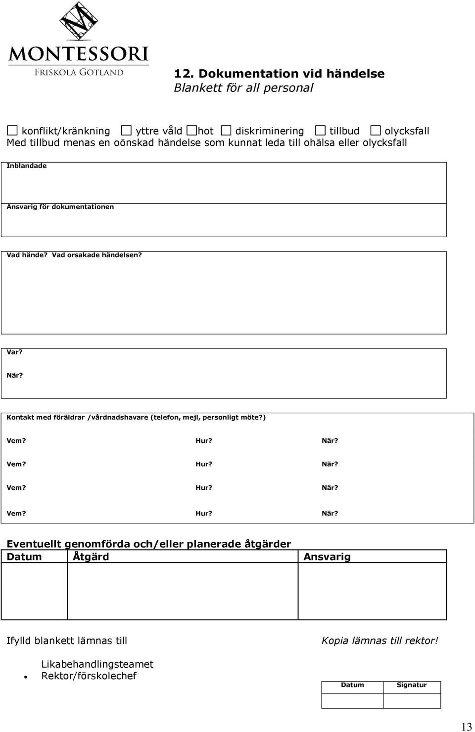 Kontakt med föräldrar /vårdnadshavare (telefon, mejl, personligt möte?) Vem? Hur? När?
