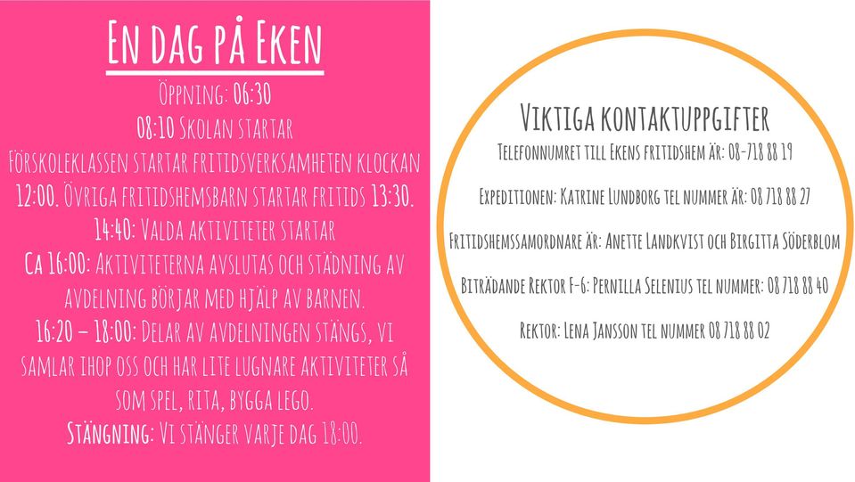 16:20 18:00: Delar av avdelningen stängs, vi samlar ihop oss och har lite lugnare aktiviteter så som spel, rita, bygga lego. Stängning: Vi stänger varje dag 18:00.