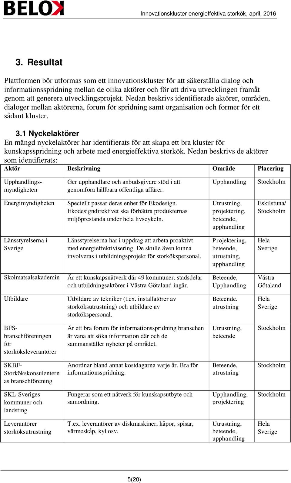 1 Nyckelaktörer En mängd nyckelaktörer har identifierats för att skapa ett bra kluster för kunskapsspridning och arbete med energieffektiva storkök.