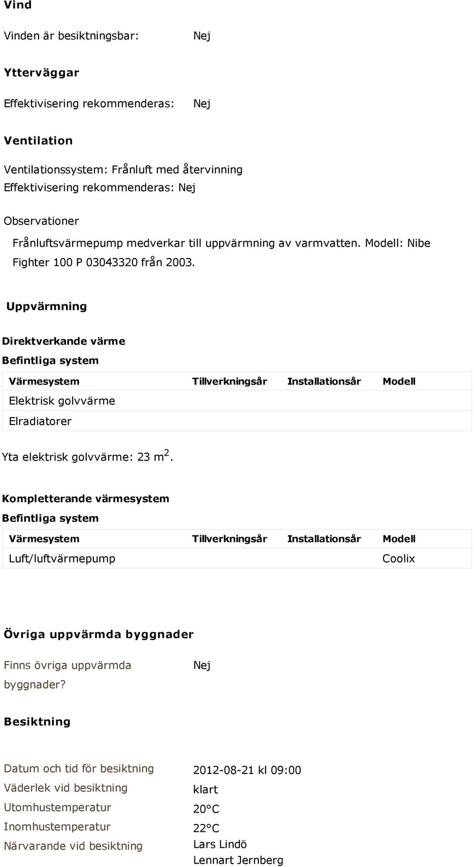 Uppvärmning Direktverkande värme Befintliga system Värmesystem Tillverkningsår Installationsår Modell Elektrisk golvvärme Elradiatorer Yta elektrisk golvvärme: 23 m 2.