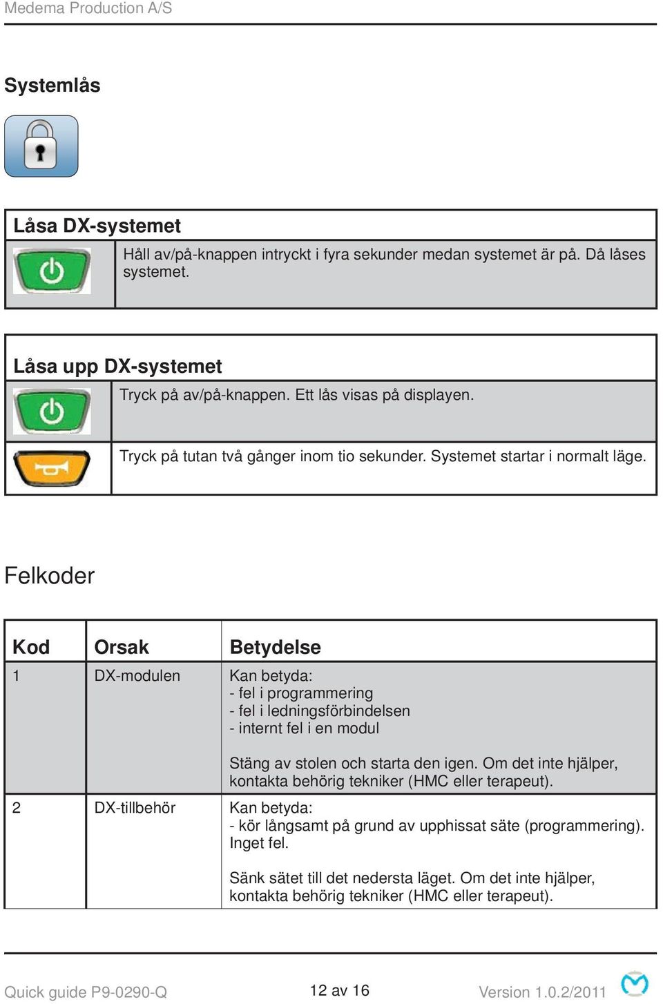 Felkoder Kod Orsak Betydelse 1 DX-modulen Kan betyda: - fel i programmering - fel i ledningsförbindelsen - internt fel i en modul Stäng av stolen och starta den igen.