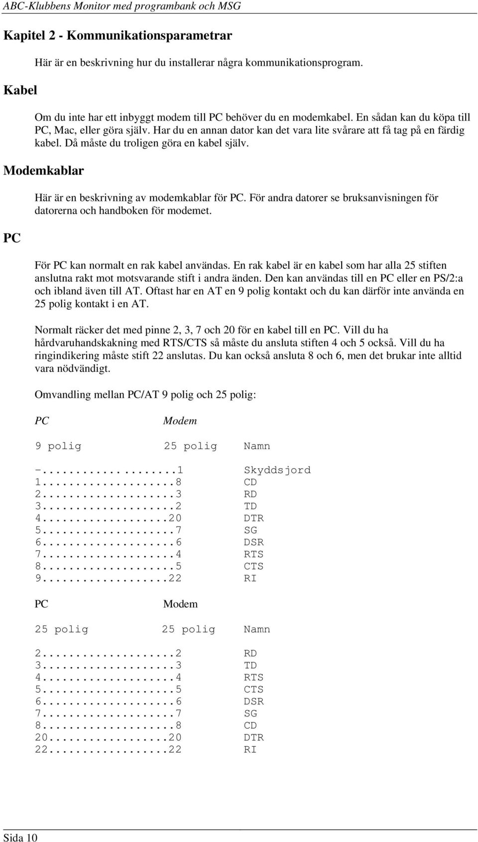 Modemkablar PC Här är en beskrivning av modemkablar för PC. För andra datorer se bruksanvisningen för datorerna och handboken för modemet. För PC kan normalt en rak kabel användas.
