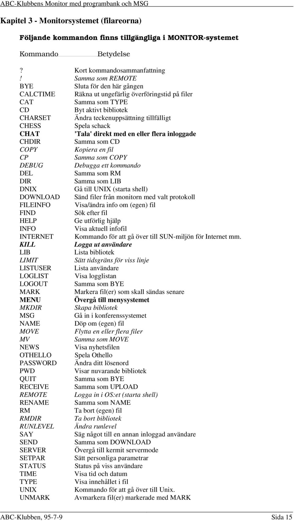 schack CHAT 'Tala' direkt med en eller flera inloggade CHDIR Samma som CD COPY Kopiera en fil CP Samma som COPY DEBUG Debugga ett kommando DEL Samma som RM DIR Samma som LIB DNIX Gå till UNIX (starta