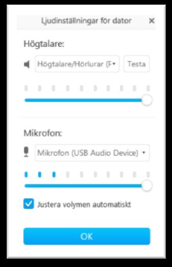 Säkerhetsställ av att ljudet för WebEx är igång genom att titta på ljudinställningar testa. 4. Säkerhetsställ av att du inte ar som Mute.