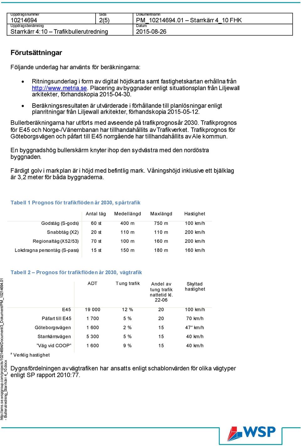 01 Starrkärr 4_10 FHK Uppdragsbenämning Datum Trafikbullerutredning 2015-08-26 Förutsättningar Följande underlag har använts för beräkningarna: Ritningsunderlag i form av digital höjdkarta samt