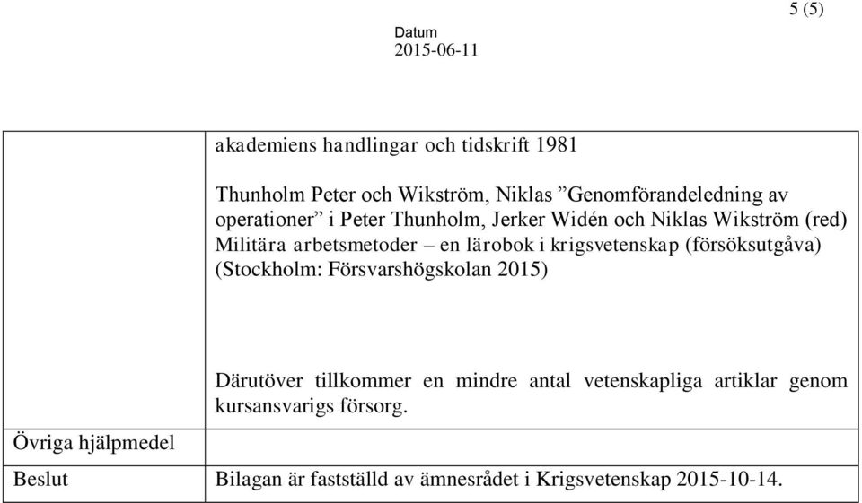 krigsvetenskap (försöksutgåva) (Stockholm: Försvarshögskolan 2015) Övriga hjälpmedel Därutöver tillkommer en