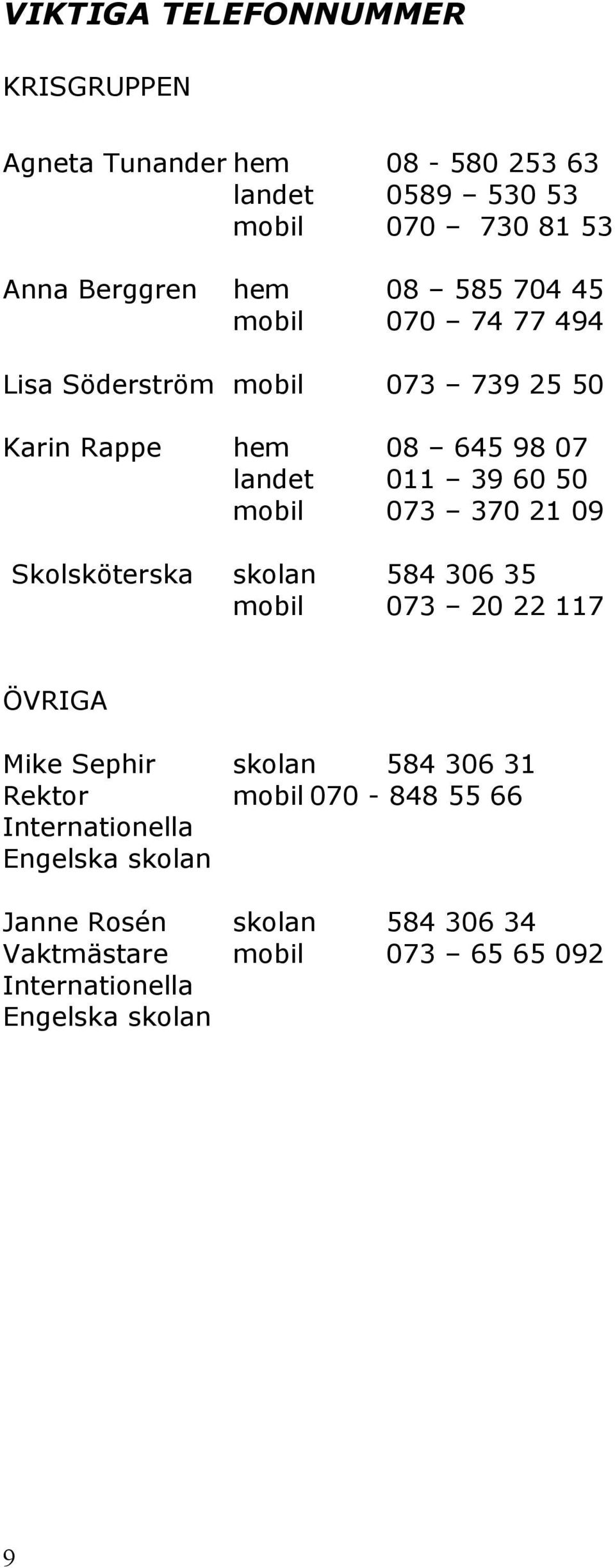 073 370 21 09 Skolsköterska skolan 584 306 35 mobil 073 20 22 117 ÖVRIGA Mike Sephir skolan 584 306 31 Rektor mobil 070-848 55