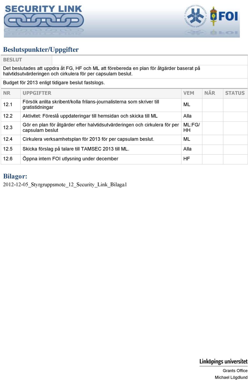 2 Aktivitet: Föreslå uppdateringar till hemsidan och skicka till Alla 12.3 Gör en plan för åtgärder efter halvtidsutvärderingen och cirkulera för per capsulam beslut 12.