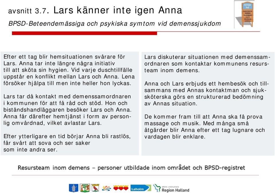 Lars tar då kontakt med demenssamordnaren i kommunen för att få råd och stöd. Hon och biståndshandläggaren besöker Lars och Anna.