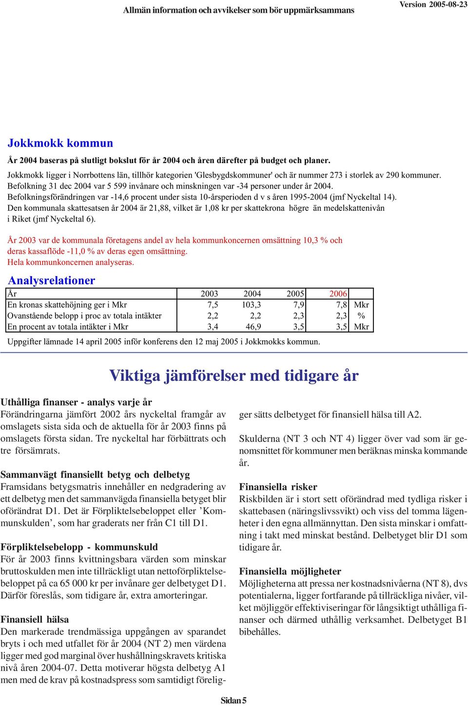 Befolkning 31 dec 2004 var 5 599 invånare och minskningen var -34 personer under år 2004. Befolkningsförändringen var -14,6 procent under sista 10-årsperioden d v s åren 1995-2004 (jmf Nyckeltal 14).