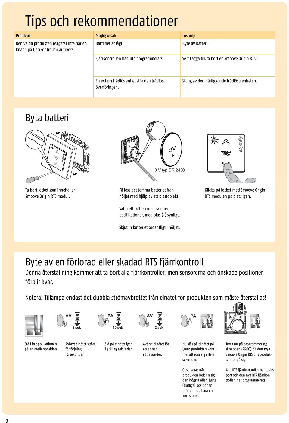 Byta batteri 3 V typ CR 2430 Ta bort locket som innehåller Smoove Origin RTS modul. Få loss det tomma batteriet från höljet med hjälp av ett plastobjekt.