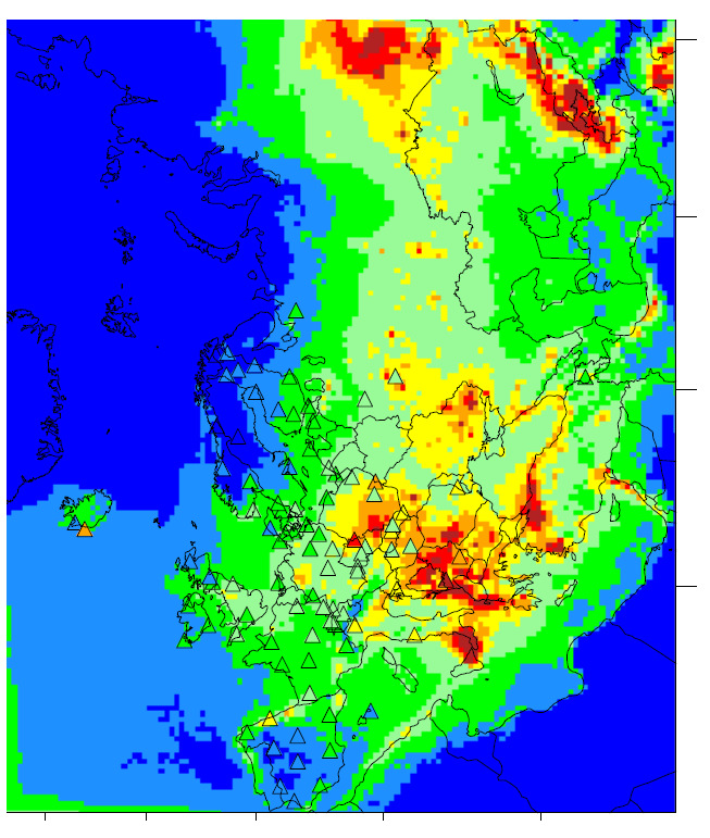 Om man jämför våtdepositionen av svavel 2013 i sydvästra Skåne med övriga Europa är svaveldepositionen i Skåne på samma nivå som i stora delar av Frankrike och något lägre jämfört med Storbritannien