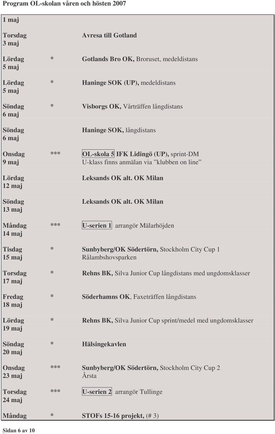 OK Milan Måndag *** U-serien 1 arrangör Mälarhöjden 14 maj Tisdag * Sunbyberg/OK Södertörn, Stockholm City Cup 1 15 maj Rålambshovsparken Torsdag * Rehns BK, Silva Junior Cup långdistans med