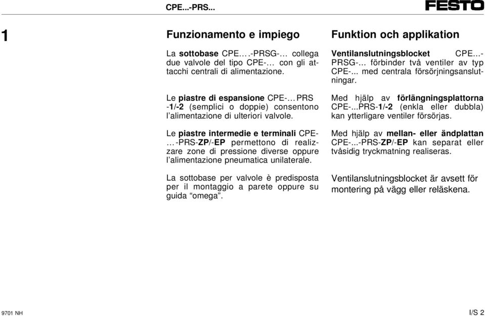 Le piastre intermedie e terminali CPE- -PRS-ZP/-EP permettono di realizzare zone di pressione diverse oppure l alimentazione pneumatica unilaterale.