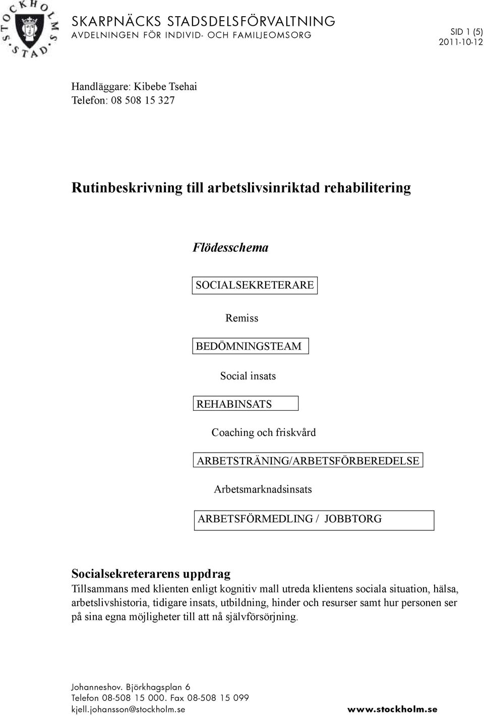 JOBBTORG Socialsekreterarens uppdrag Tillsammans med klienten enligt kognitiv mall utreda klientens sociala situation, hälsa, arbetslivshistoria, tidigare insats, utbildning, hinder och