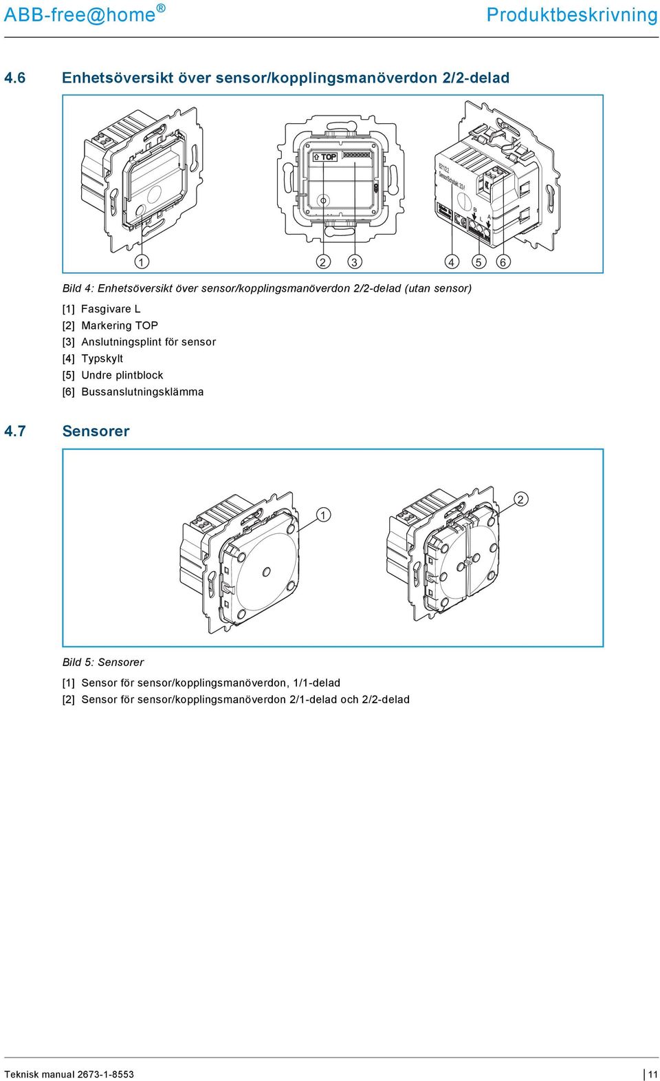 sensor/kopplingsmanöverdon 2/2-delad (utan sensor) [1] Fasgivare L [2] Markering TOP [3] Anslutningsplint för sensor