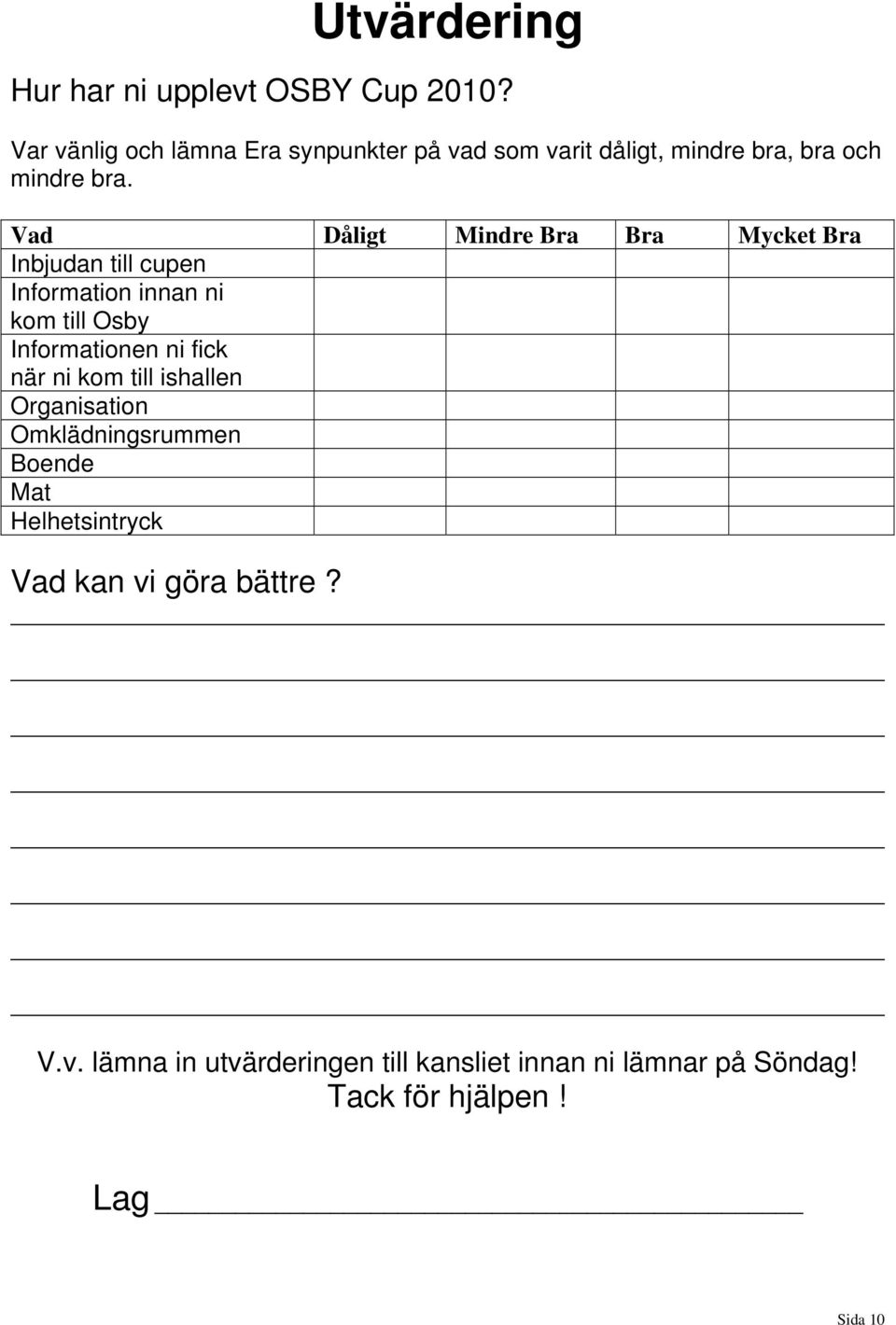 Vad Dåligt Mindre Bra Bra Mycket Bra Inbjudan till cupen Information innan ni kom till Osby Informationen ni fick