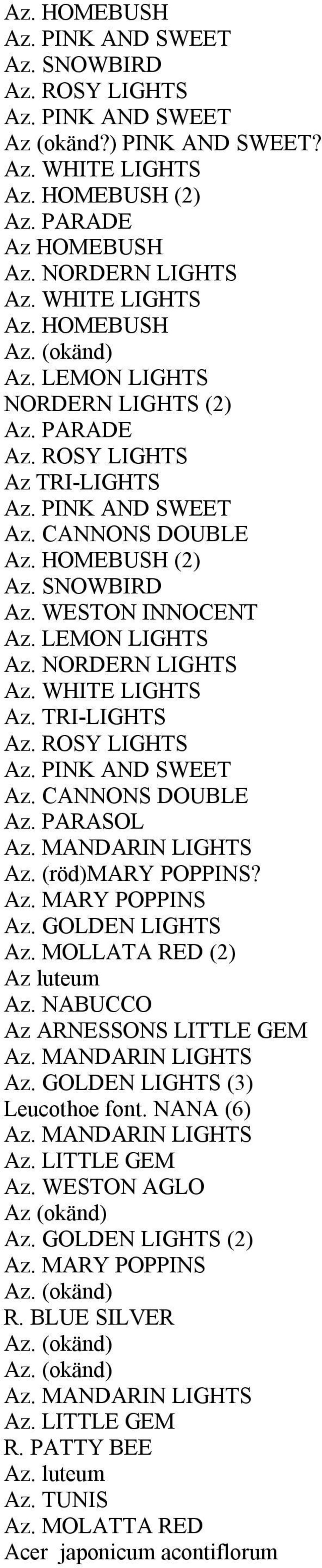 WESTON INNOCENT Az. LEMON LIGHTS Az. NORDERN LIGHTS Az. WHITE LIGHTS Az. TRI-LIGHTS Az. ROSY LIGHTS Az. PINK AND SWEET Az. CANNONS DOUBLE Az. PARASOL Az. MANDARIN LIGHTS Az. (röd)mary POPPINS? Az. MARY POPPINS Az.
