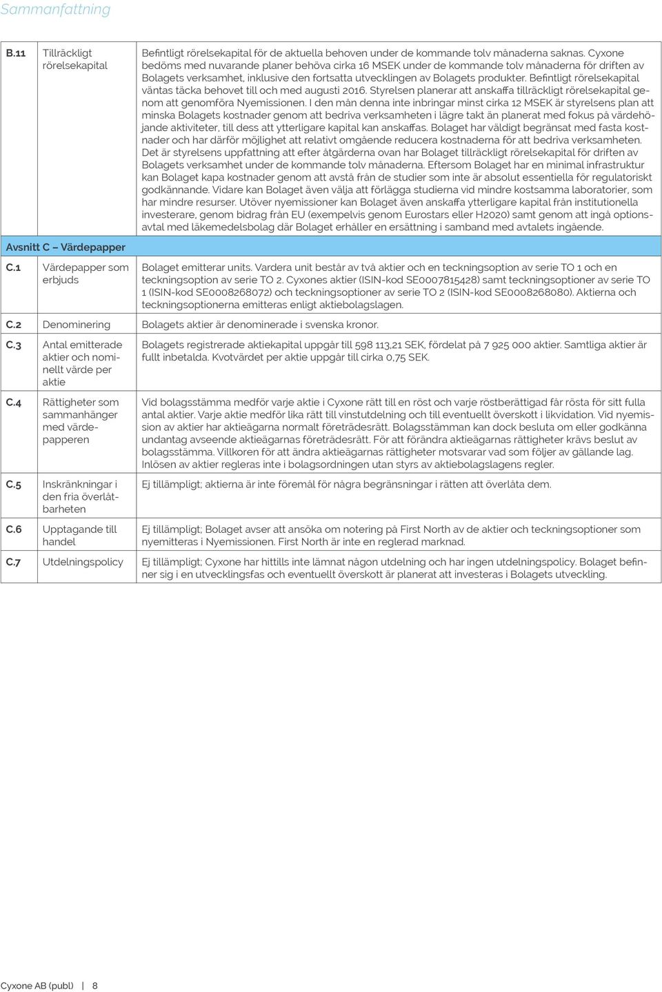 Befintligt rörelsekapital väntas täcka behovet till och med augusti 2016. Styrelsen planerar att anskaffa tillräckligt rörelsekapital genom att genomföra Nyemissionen.