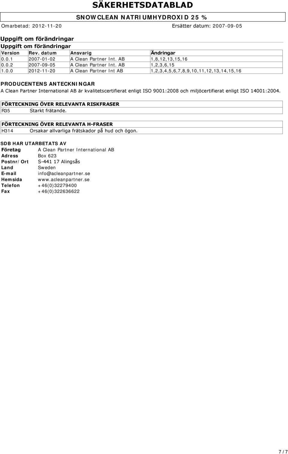 ANTECKNINGAR A Clean Partner International AB är kvalitetscertifierat enligt ISO 9001:2008 och miljöcertifierat enligt ISO 14001:2004. FÖRTECKNING ÖVER RELEVANTA RISKFRASER R35 Starkt frätande.