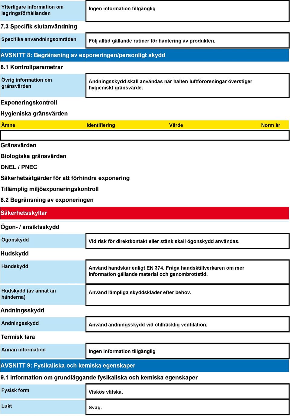 1 Kontrollparametrar Övrig information om gränsvärden Andningsskydd skall användas när halten luftföroreningar överstiger hygieniskt gränsvärde.